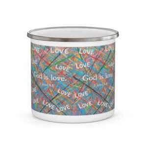 Colorful Enamel Camping Mug - 'God is Love' Design for Outdoor Enthusiasts