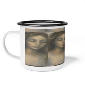 Artistic Enamel Camp Cup - Serene Woman Design - Perfect for Camping & Cozy Moments