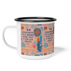 Inspirational Enamel Camp Cup - 'Jesucristo es el mismo ayer, hoy y por los siglos'