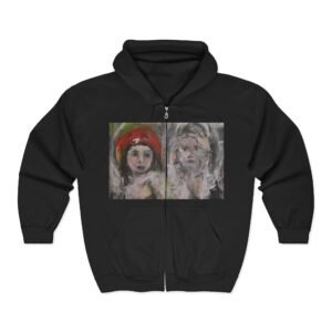 Artistic Portrait Zip Hoodie — Dual Vintage Oil Painting Faces (red beret)