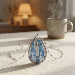Oval Pendant Necklace — Blue Madonna Art Teardrop Locket