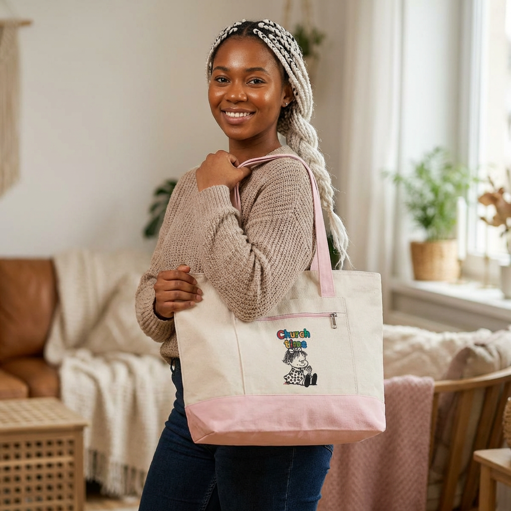 Canvas Tote — 'Church Time' & Spanish Graphic Zippered Market Bag - Image 2