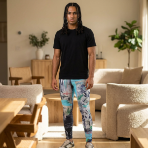 Abstract Aqua Brushstroke Capri Leggings — Women's Artistic All-Over Print