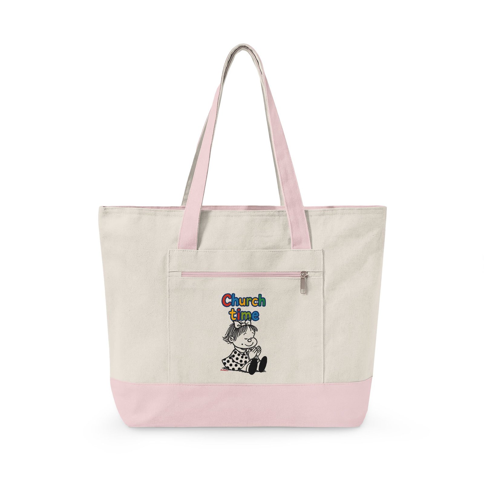 Canvas Tote — 'Church Time' & Spanish Graphic Zippered Market Bag - Image 3